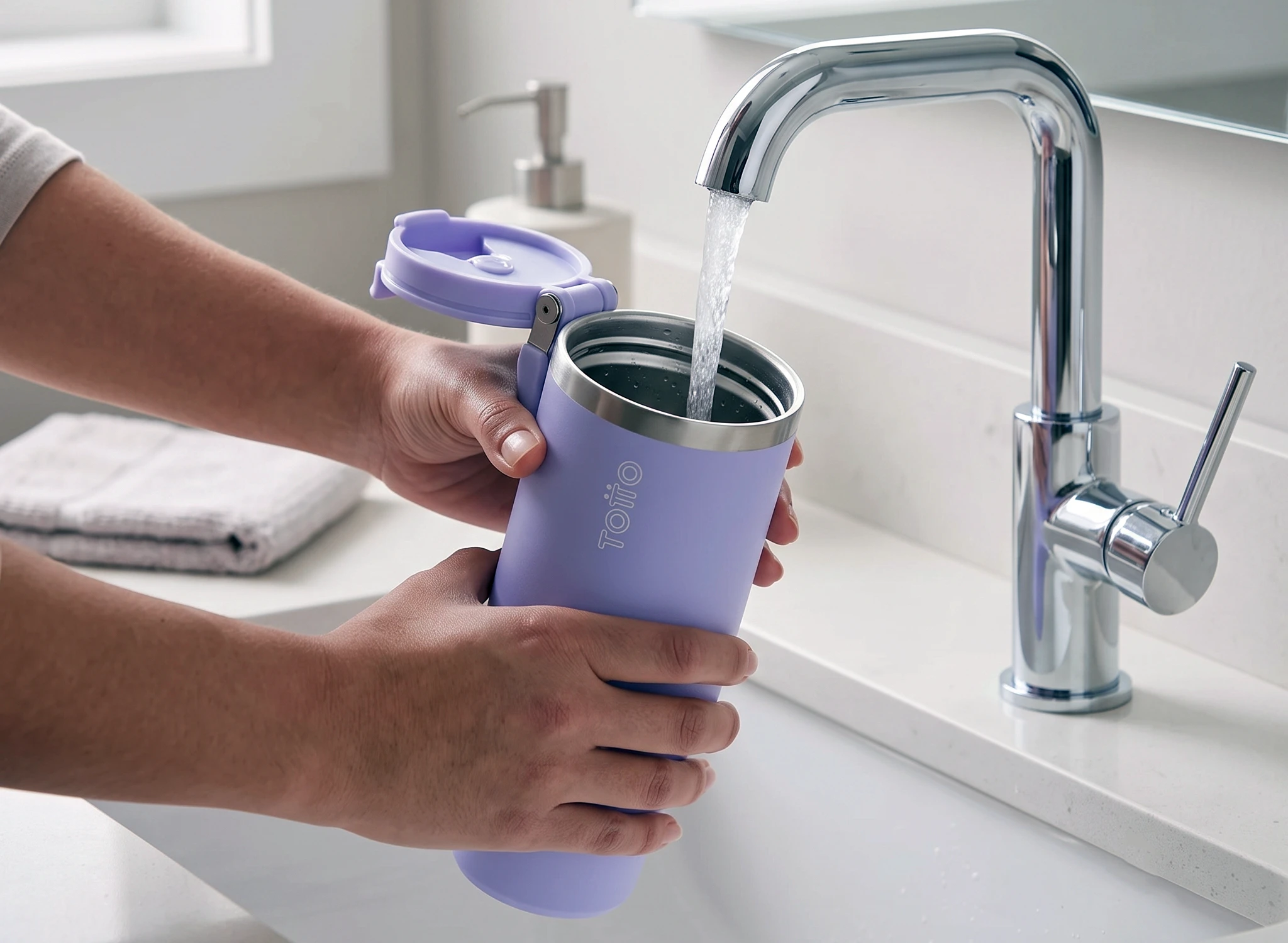 Persona llenando su termo con agua ultrapura generada con un sistema de ósmosis inversa doméstico
